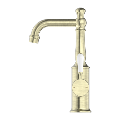 NERO YORK BASIN MIXER WITH WHITE PORCELAIN LEVER 265MM AGED BRASS
