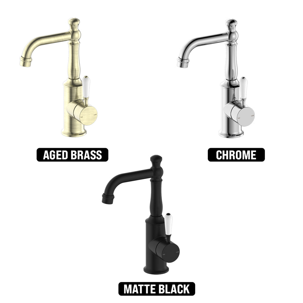 NERO YORK BASIN MIXER WITH WHITE PORCELAIN LEVER 265MM CHROME