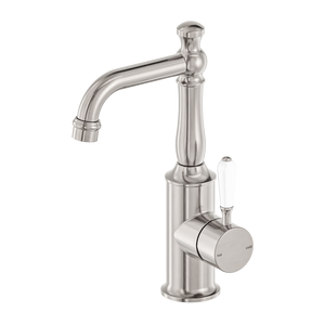 NERO YORK BASIN MIXER WITH WHITE PORCELAIN LEVER 265MM BRUSHED NICKEL