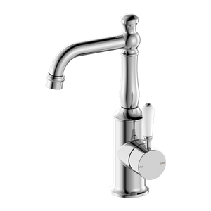 NERO YORK BASIN MIXER WITH WHITE PORCELAIN LEVER 265MM CHROME