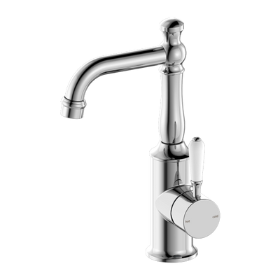 NERO YORK BASIN MIXER WITH WHITE PORCELAIN LEVER 265MM CHROME