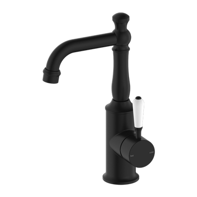 NERO YORK BASIN MIXER WITH WHITE PORCELAIN LEVER 265MM MATTE BLACK