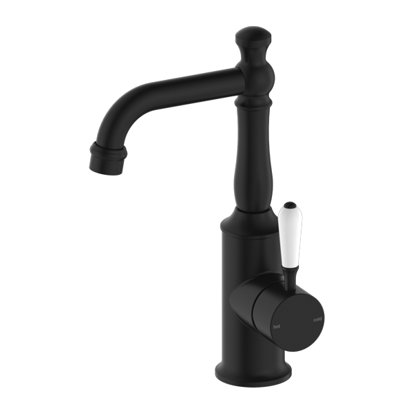 NERO YORK BASIN MIXER 265MM MATTE BLACK WITH WHITE PORCELAIN LEVER