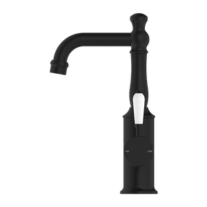 NERO YORK BASIN MIXER WITH WHITE PORCELAIN LEVER 265MM MATTE BLACK