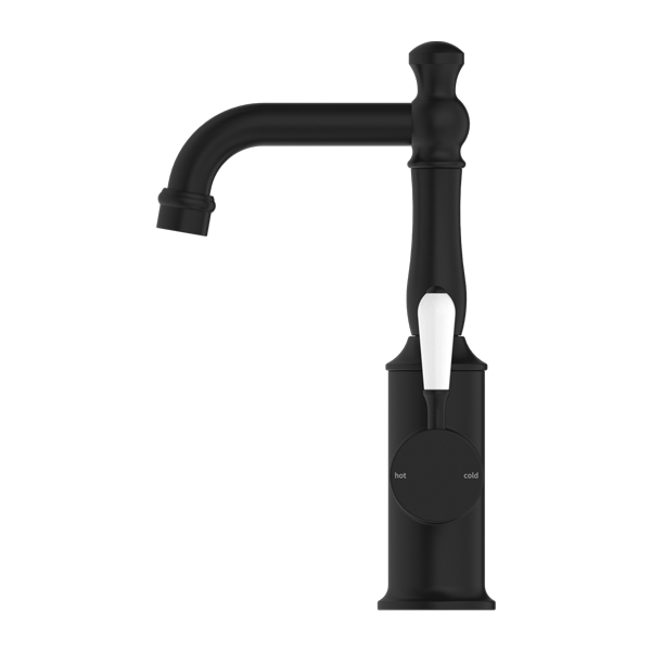 NERO YORK BASIN MIXER 265MM MATTE BLACK WITH WHITE PORCELAIN LEVER