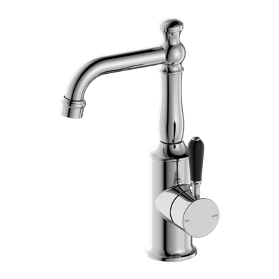 NERO YORK BASIN MIXER WITH BLACK PORCELAIN LEVER 265MM CHROME