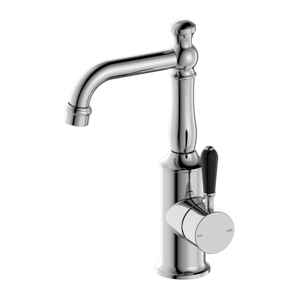 NERO YORK BASIN MIXER WITH BLACK PORCELAIN LEVER 265MM CHROME