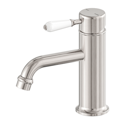 NERO YORK STRAIGHT BASIN MIXER WITH WHITE PORCELAIN LEVER 170MM BRUSHED NICKEL