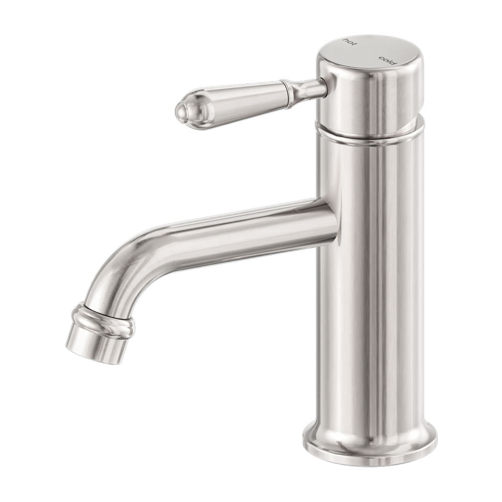 NERO YORK STRAIGHT BASIN MIXER WITH METAL LEVER 170MM BRUSHED NICKEL