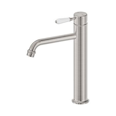 NERO YORK LEAD FREE TALL BASIN MIXER WITH WHITE PORCELAIN LEVER 290MM BRUSHED NICKEL