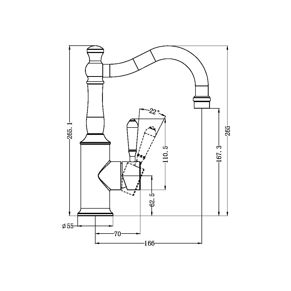 NERO YORK BASIN MIXER WITH BLACK PORCELAIN LEVER 265MM CHROME