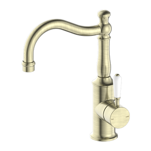 NERO YORK BASIN MIXER WITH WHITE PORCELAIN LEVER 265MM AGED BRASS