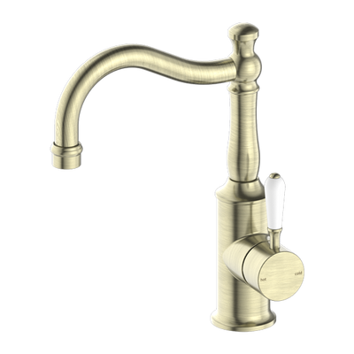 NERO YORK BASIN MIXER WITH WHITE PORCELAIN LEVER 265MM AGED BRASS