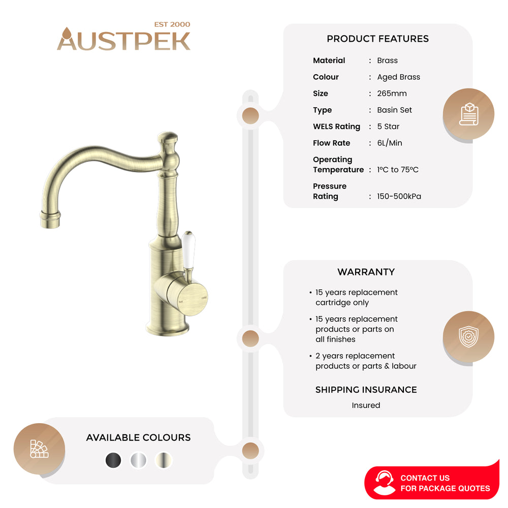 NERO YORK BASIN MIXER WITH WHITE PORCELAIN LEVER 265MM AGED BRASS