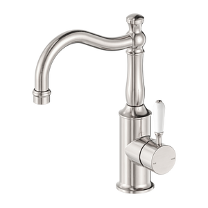 NERO YORK BASIN MIXER HOOK SPOUT WITH WHITE PORCELAIN LEVER 265MM BRUSHED NICKEL