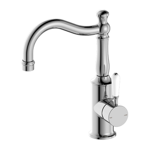 NERO YORK BASIN MIXER WITH WHITE PORCELAIN LEVER 265MM CHROME