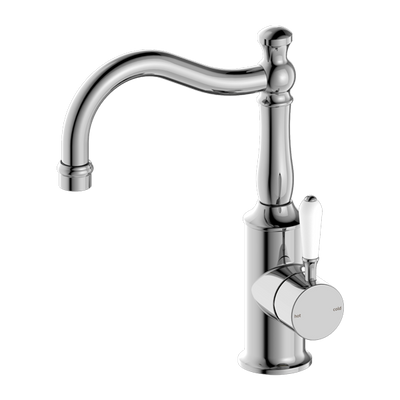 NERO YORK BASIN MIXER WITH WHITE PORCELAIN LEVER 265MM CHROME