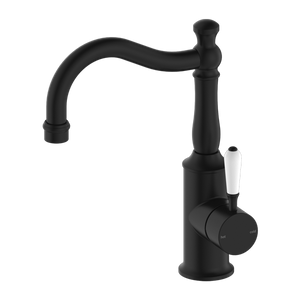 NERO YORK BASIN MIXER WITH WHITE PORCELAIN LEVER 265MM MATTE BLACK