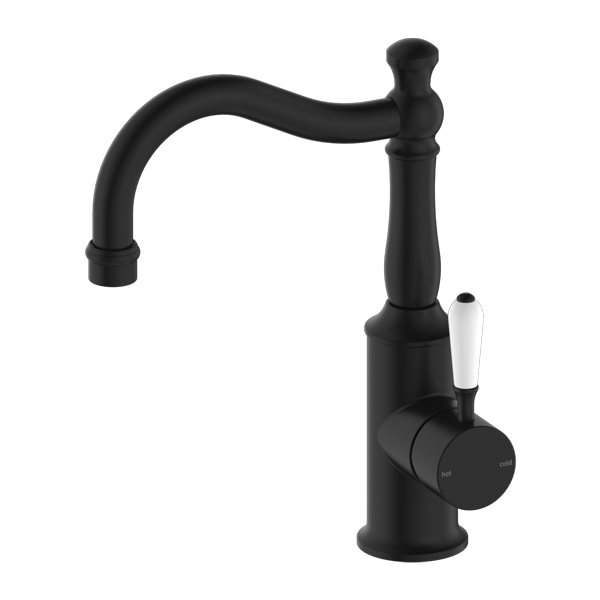 NERO YORK BASIN MIXER 265MM MATTE BLACK WITH WHITE PORCELAIN LEVER