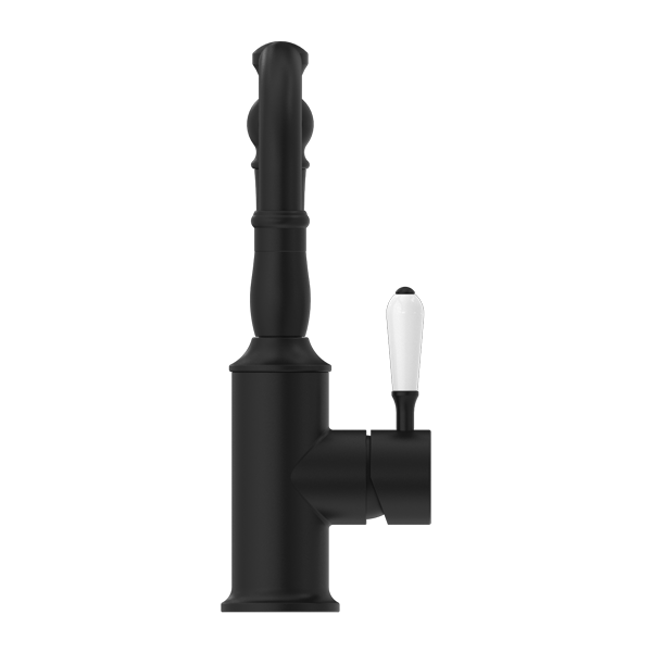 NERO YORK BASIN MIXER 265MM MATTE BLACK WITH WHITE PORCELAIN LEVER