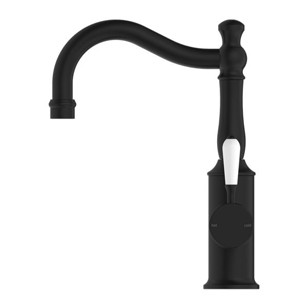 NERO YORK BASIN MIXER WITH WHITE PORCELAIN LEVER 265MM MATTE BLACK
