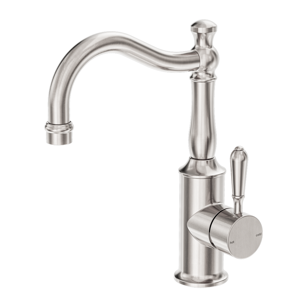 NERO YORK LEAD FREE BASIN MIXER HOOK SPOUT WITH METAL LEVER 265MM BRUSHED NICKEL