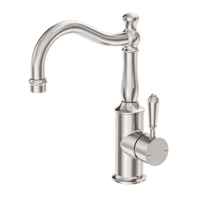 NERO YORK LEAD FREE BASIN MIXER HOOK SPOUT WITH METAL LEVER 265MM BRUSHED NICKEL