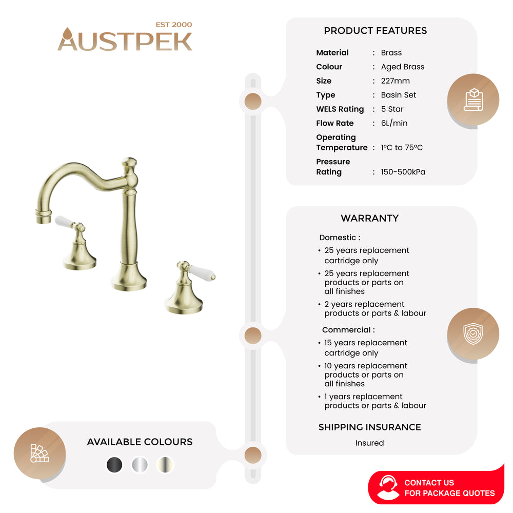 NERO YORK THREE PIECE BASIN SET WITH WHITE PORCELAIN LEVER AGED BRASS