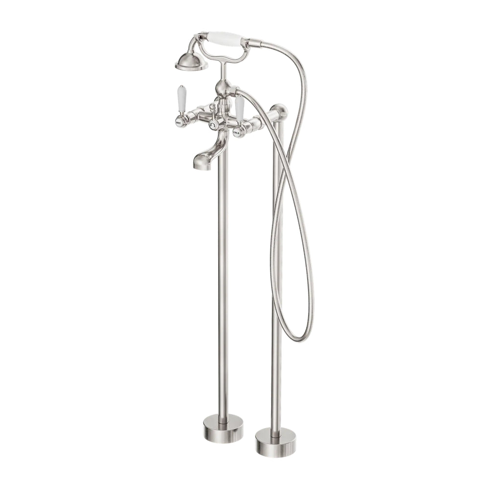 NERO YORK FREESTANDING BATH SET WITH WHITE PORCELAIN HAND SHOWER 1051MM BRUSHED NICKEL