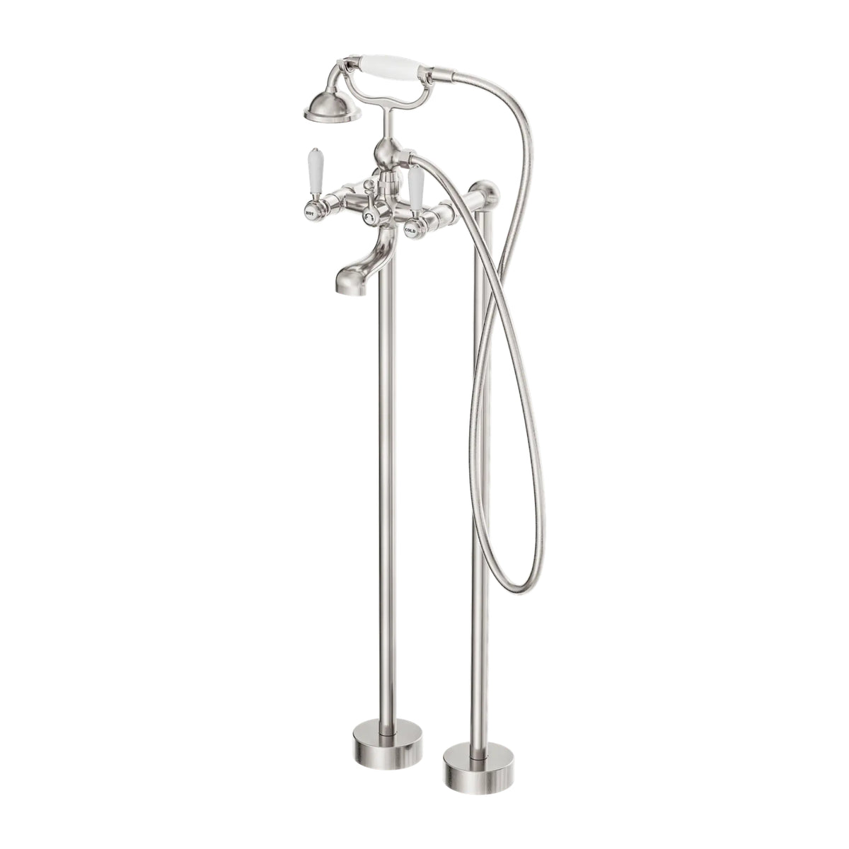 NERO YORK FREESTANDING BATH SET WITH WHITE PORCELAIN HAND SHOWER 1051MM BRUSHED NICKEL