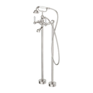 NERO YORK FREESTANDING BATH SET WITH WHITE PORCELAIN HAND SHOWER 1051MM BRUSHED NICKEL
