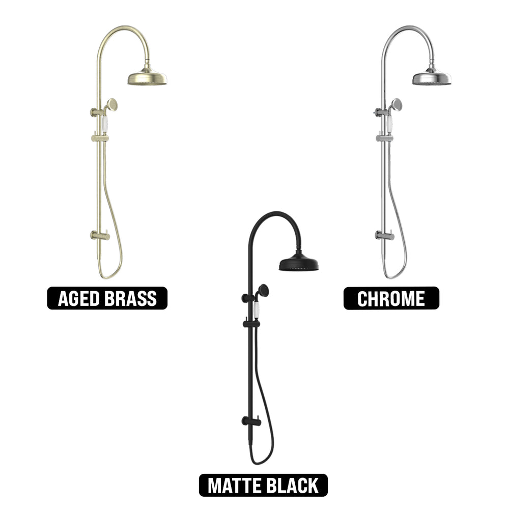 NERO YORK TWIN SHOWER AGED BRASS WITH WHITE PORCELAIN HAND SHOWER