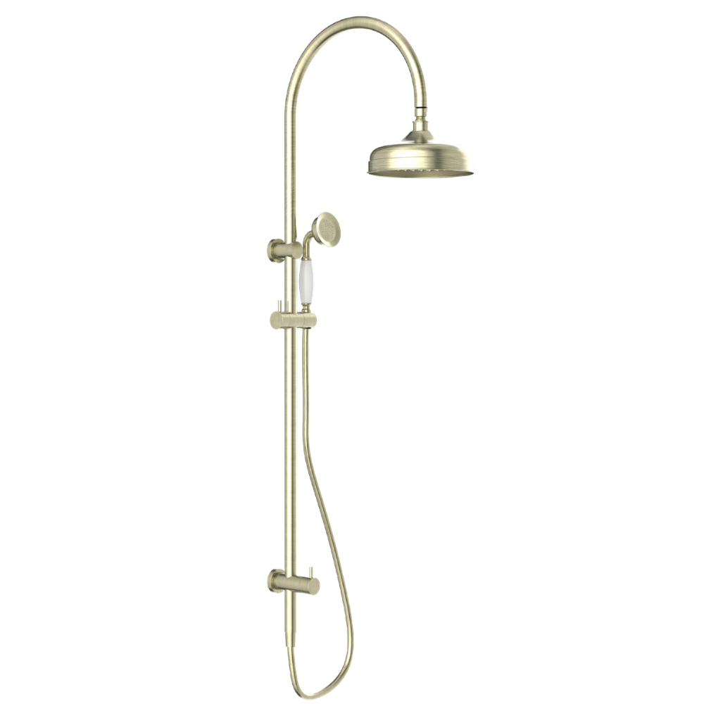 NERO YORK TWIN SHOWER AGED BRASS WITH WHITE PORCELAIN HAND SHOWER