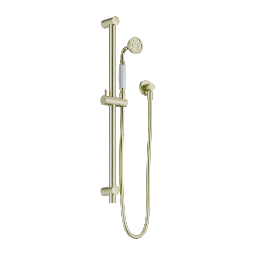 NERO YORK SHOWER RAIL WITH WHITE PORCELAIN HAND SHOWER 692MM AGED BRASS