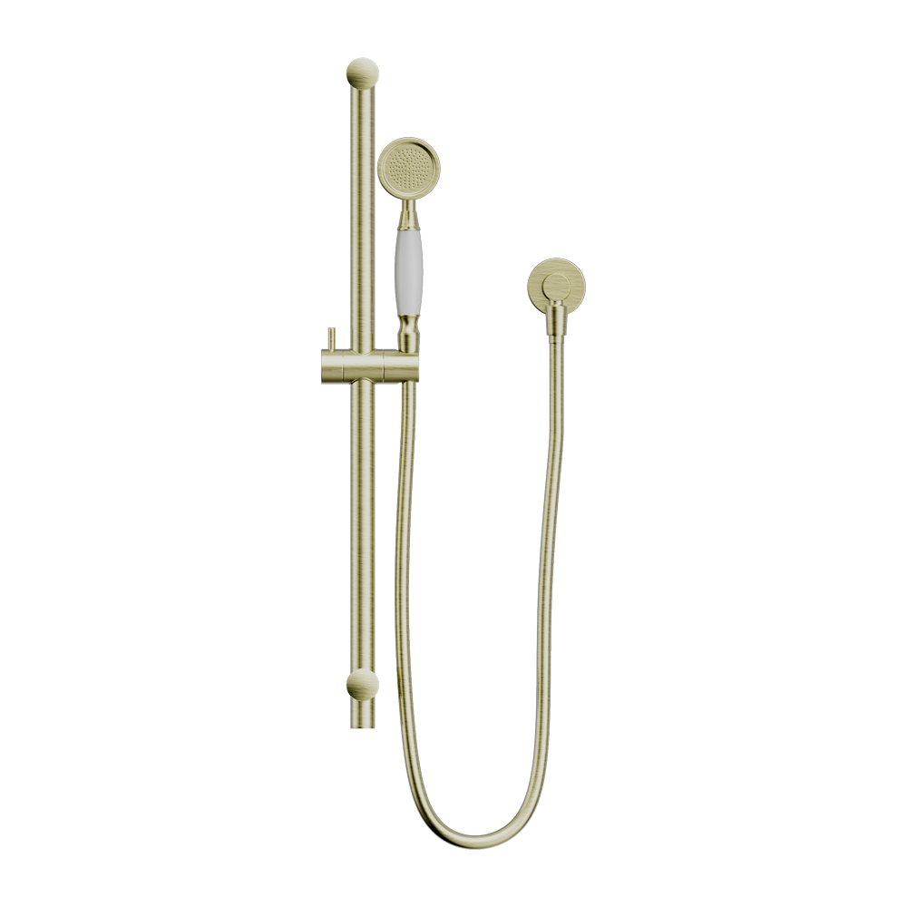NERO YORK SHOWER RAIL WITH WHITE PORCELAIN HAND SHOWER 692MM AGED BRASS
