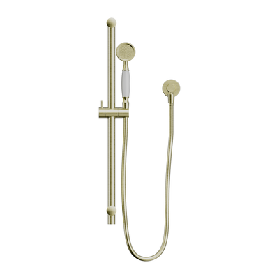 NERO YORK SHOWER RAIL WITH WHITE PORCELAIN HAND SHOWER 692MM AGED BRASS