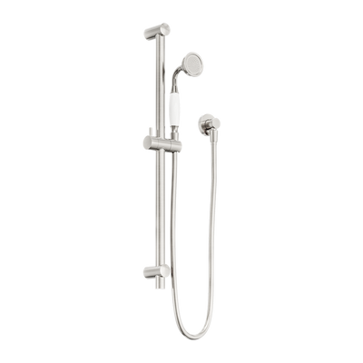 NERO YORK SHOWER RAIL WITH WHITE PORCELAIN HAND SHOWER 692MM BRUSHED NICKEL