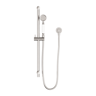 NERO YORK SHOWER RAIL WITH WHITE PORCELAIN HAND SHOWER 692MM BRUSHED NICKEL