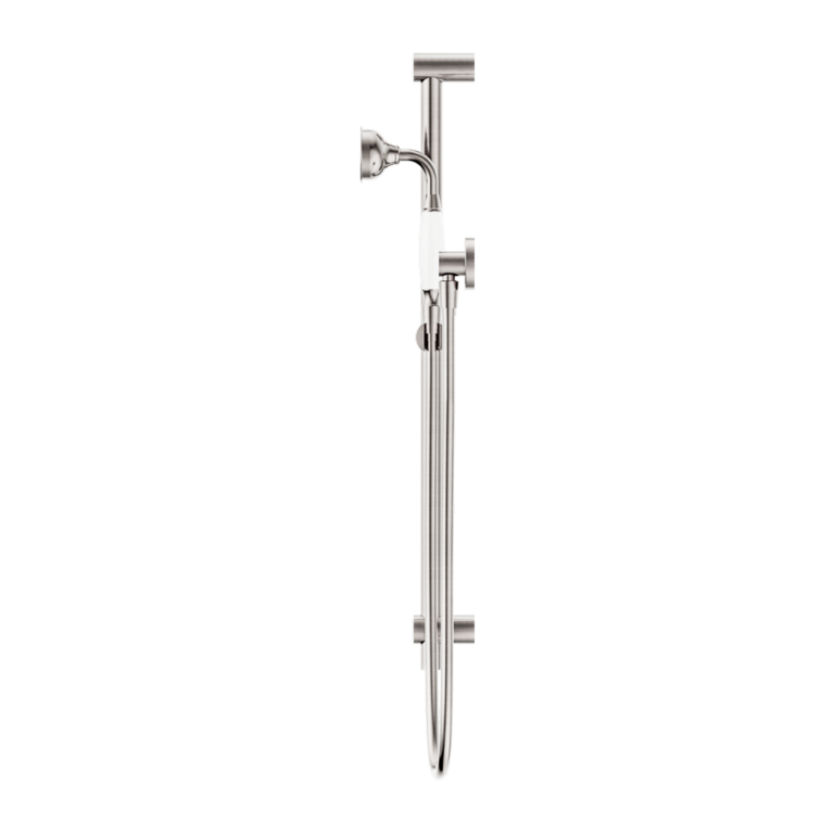 NERO YORK SHOWER RAIL WITH WHITE PORCELAIN HAND SHOWER 692MM BRUSHED NICKEL