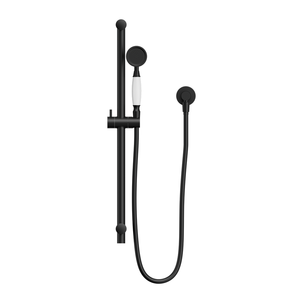 NERO YORK SHOWER RAIL WITH WHITE PORCELAIN HAND SHOWER 692MM MATTE BLACK