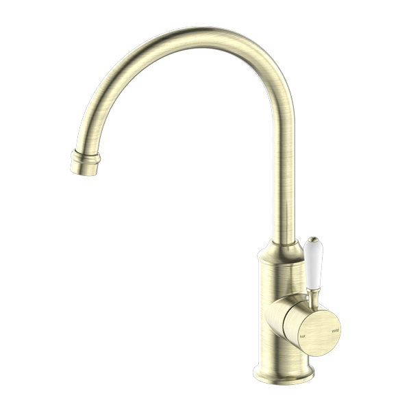 NERO YORK KITCHEN MIXER WITH WHITE PORCELAIN LEVER 347MM AGED BRASS