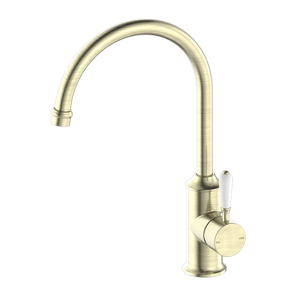 NERO YORK KITCHEN MIXER 347MM AGED BRASS WITH WHITE PORCELAIN LEVER