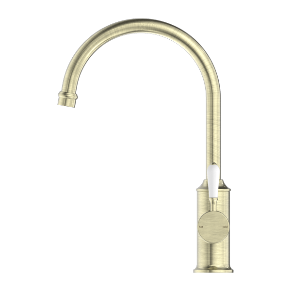 NERO YORK KITCHEN MIXER WITH WHITE PORCELAIN LEVER 347MM AGED BRASS