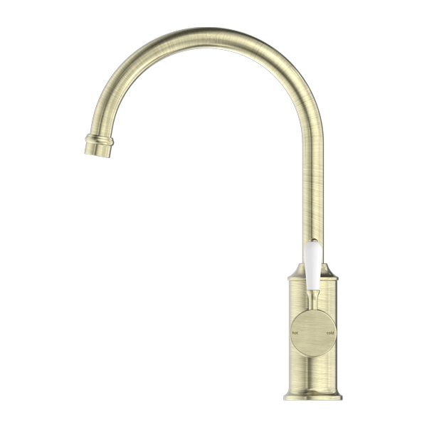 NERO YORK KITCHEN MIXER 347MM AGED BRASS WITH WHITE PORCELAIN LEVER