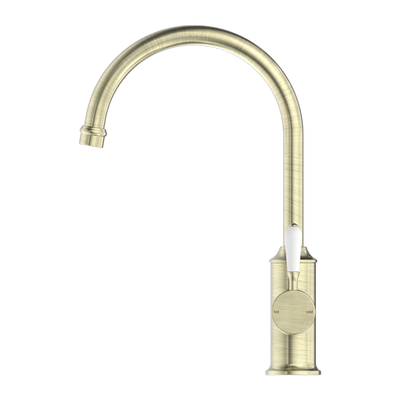 NERO YORK KITCHEN MIXER WITH WHITE PORCELAIN LEVER 347MM AGED BRASS