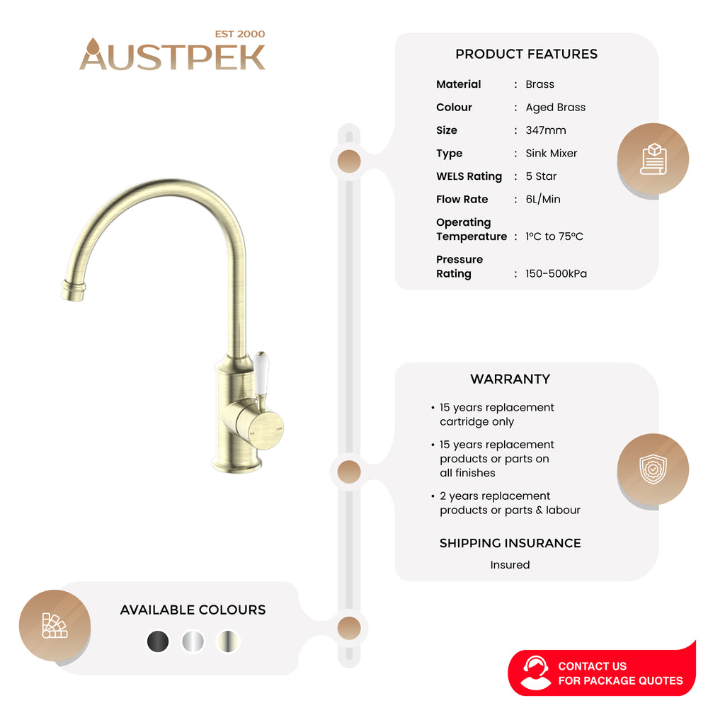 NERO YORK KITCHEN MIXER WITH WHITE PORCELAIN LEVER 347MM AGED BRASS