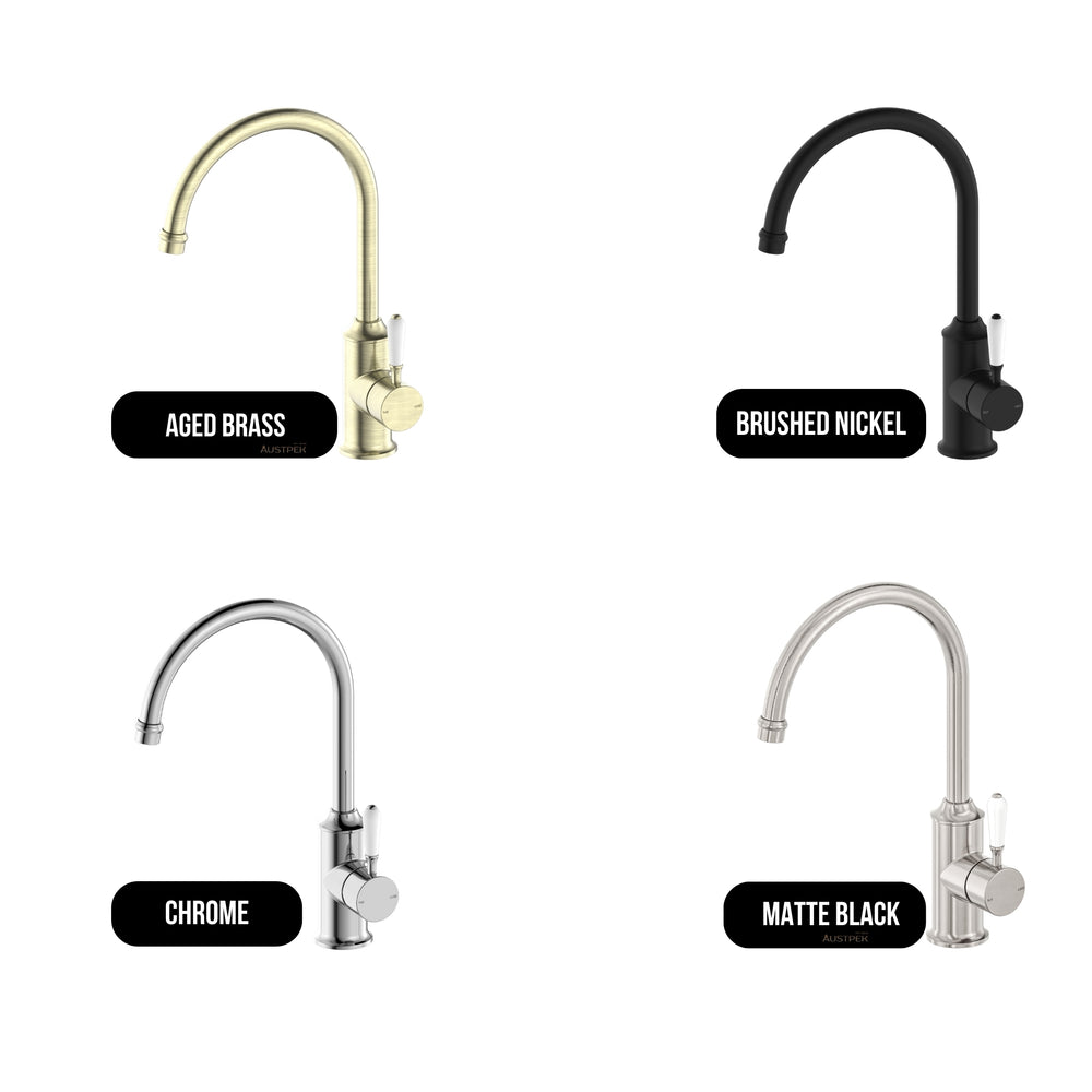 NERO YORK KITCHEN MIXER WITH WHITE PORCELAIN LEVER 347MM AGED BRASS