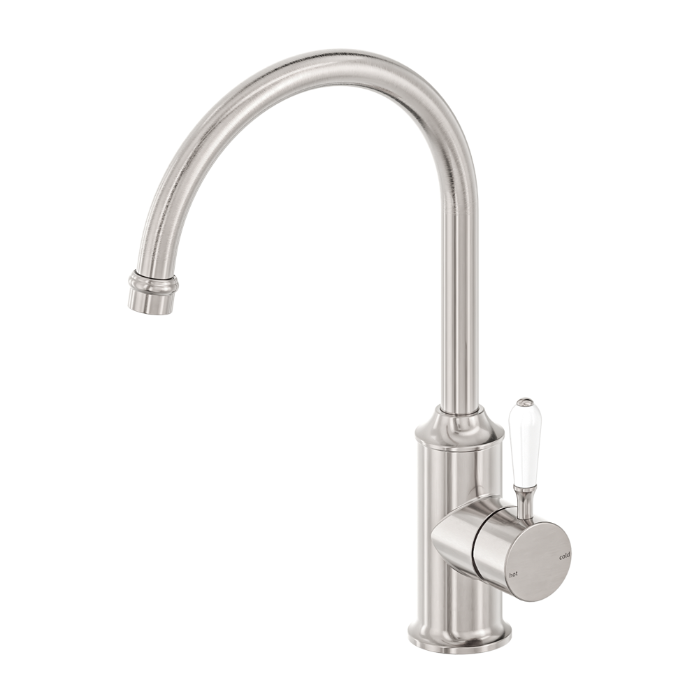 NERO YORK LEAD FREE KITCHEN MIXER GOOSENECK SPOUT WITH WHITE PORCELAIN LEVER 347MM BRUSHED NICKEL