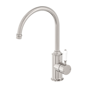 NERO YORK KITCHEN MIXER GOOSENECK SPOUT WITH WHITE PORCELAIN LEVER 347MM BRUSHED NICKEL