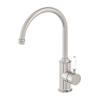 NERO YORK LEAD FREE KITCHEN MIXER GOOSENECK SPOUT WITH WHITE PORCELAIN LEVER 347MM BRUSHED NICKEL